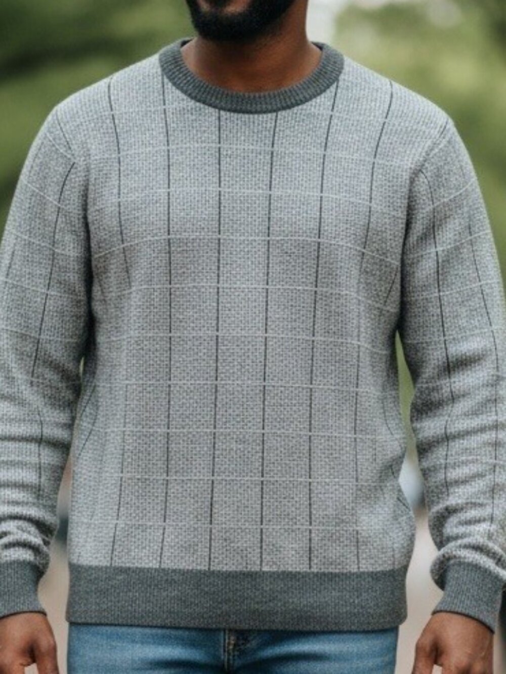 J Crew Sweater Wool Blend Windowpane Plaid Crewneck Pullover Gray Mens Medium